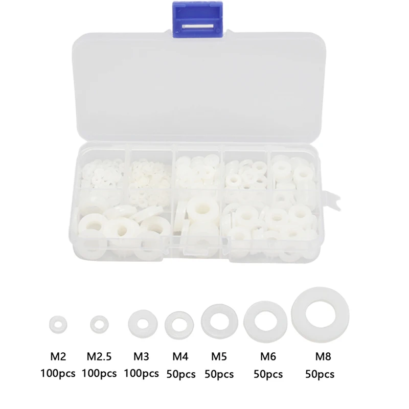 500pcs Set di guarnizioni per rondelle piatte M2 M2.5 M3 M4 M5 M6 M8 O-ring di tenuta in plastica Kit di assortimento distanziatore di elementi di fissaggio bianco nero