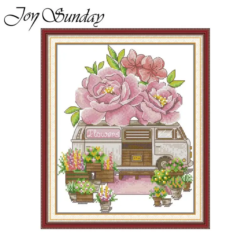 Joy Sunday Cross Stitch Kits Flower Caravan HD Patterns Printed Counted Fabric Aida 16/14/11CT DIY Handcraft Embroidery Sets