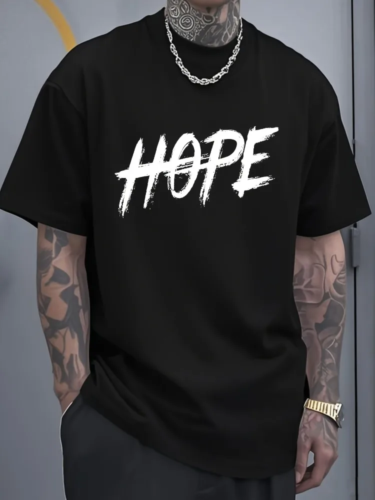 T-shirt à col rond pour homme, imprimé « Brush Text Hope » motivant, en coton doux, manches courtes, style urbain décontracté, pour jeunes hommes optimistes