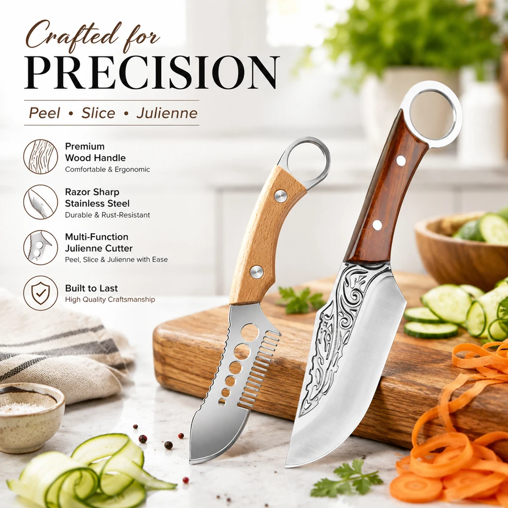 Cuchillo de cocina WXCOO de acero inoxidable para cortar cebolla, multifuncional, para escamas de pescado, hierbas, perejil y frutas, con mango de madera.