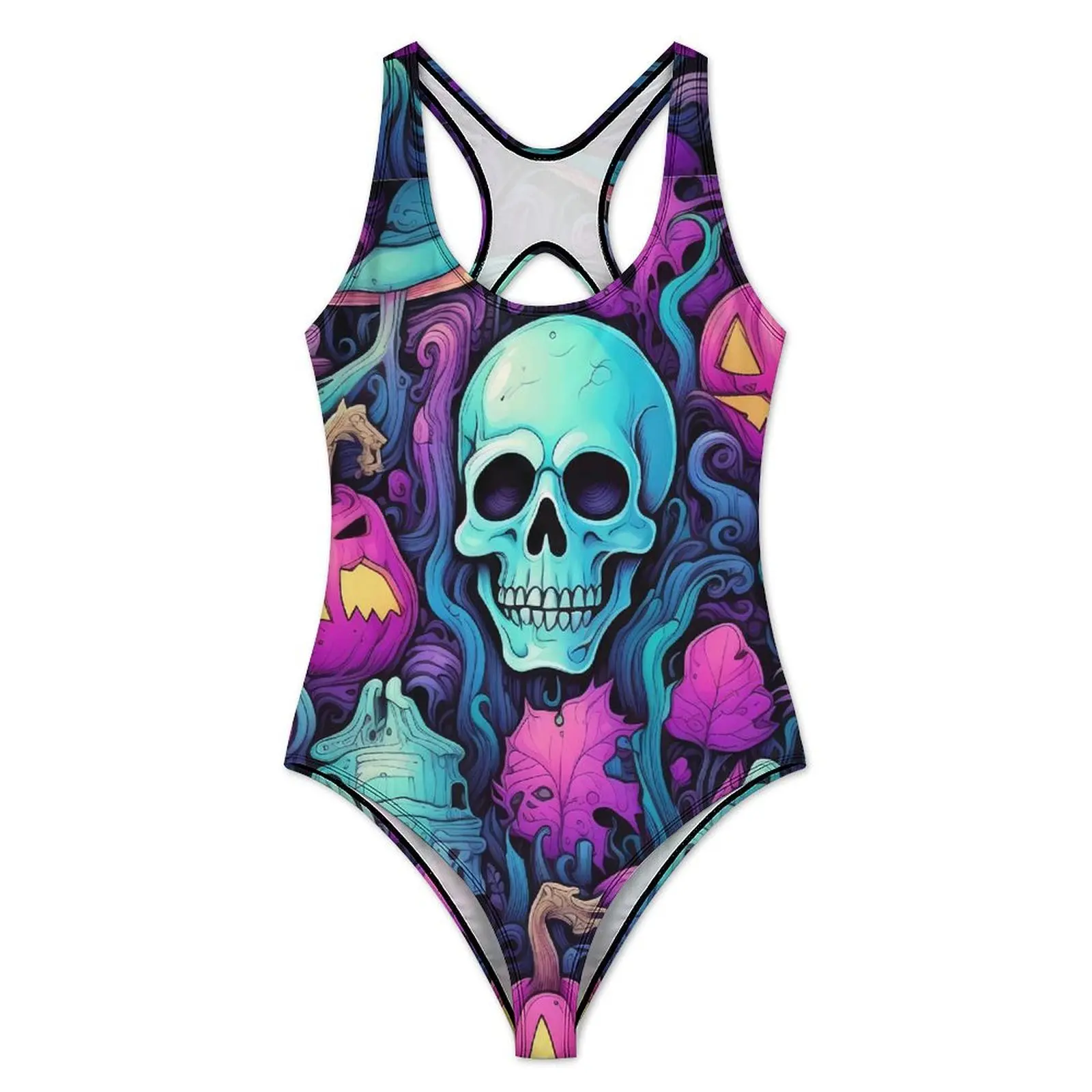 Halloween Swimsuit Skulls and Pumpkins Push Up Swimwear One Piece Beach Monokini Bodysuit Sexy Graphic Beach Outfits Plus Size