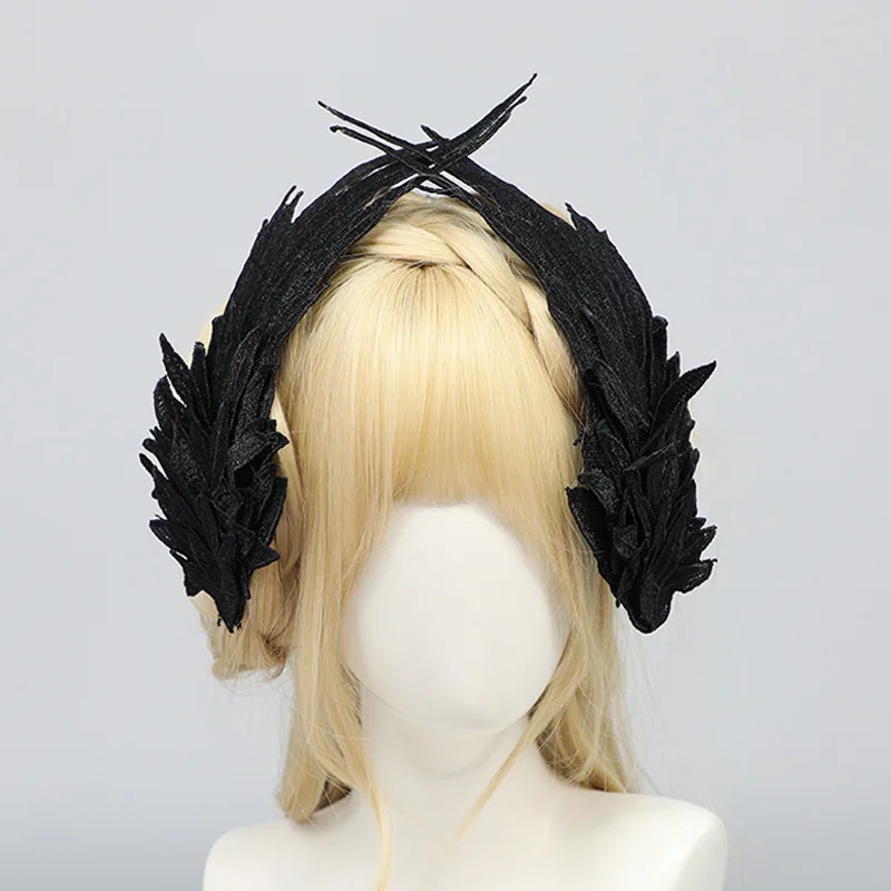 Plumas de Lolita para Halloween, horquilla de alas de Ángel, tocado de demonio, cuernos Harajuku, Clip de pelo de plumas bordadas, accesorios de Anime