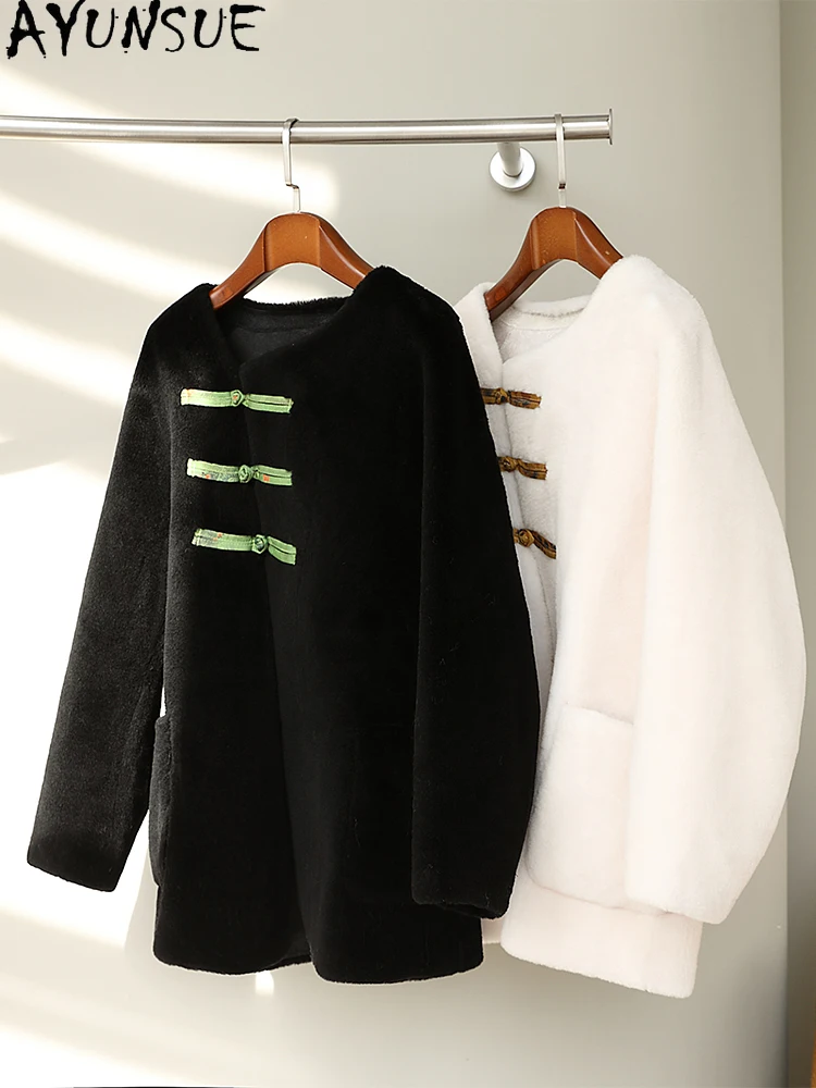 AYUNSUE 100 % natürliche Wollmäntel für Damen, Herbst und Winter, mittellange Pelzjacken, Damenbekleidung, neu in Oberbekleidung, 2025, Abrigo Mujer