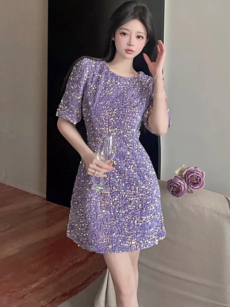 Zomer paarse pailletten mini-jurk met korte mouwen 2025, Koreaanse vintage luxe party vestidos vrouwen elegante bodycon party night dress
