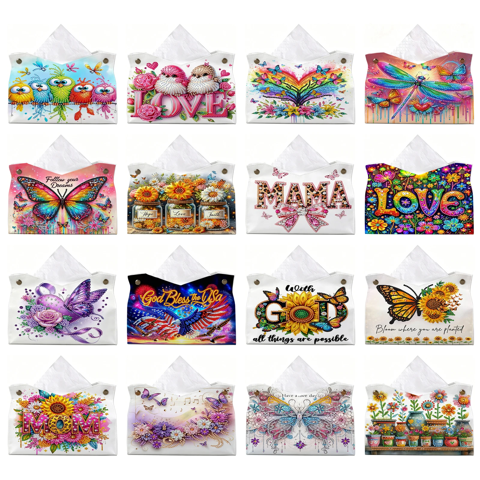 DIY Diamond Art Tissue Box Holder PU Crystal Mosaic Desktop Organizer Bag Resin Rhinestone Storage Organizer Gem Art Home Office