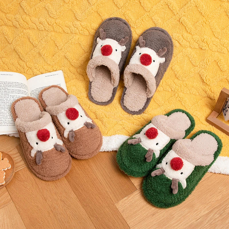 Feslishoet Winter Women Christmas Elk Plush PVC Slippers Non-Slip Cute Versatile Indoor Outdoor Comfort Men Cotton Slippers ﻿