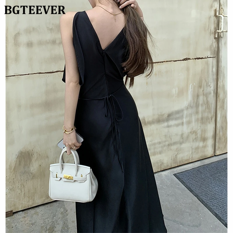 BGTEEVER 우아한 슬림 허리 여성 a 라인 드레스 세련된 v 넥 민소매 숙녀 새틴 드레스 여름