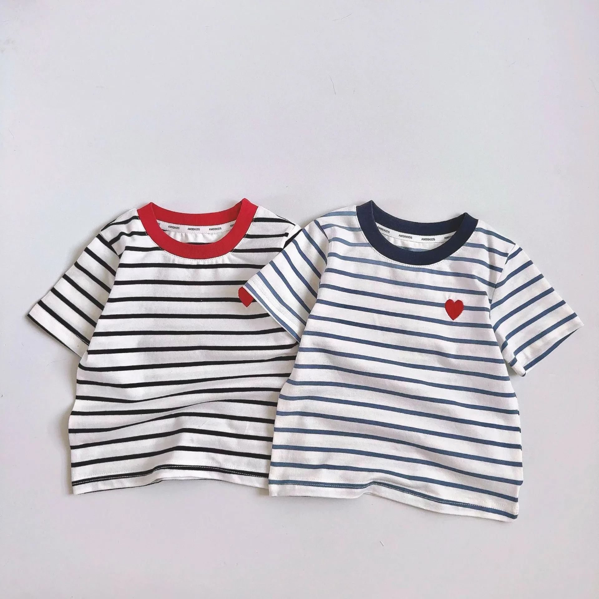 T2634 Girls' Heart Pattern Color Block Striped T-Shirt Short Sleeve Korean Style Trendy Summer New Arrival Children's Clothing