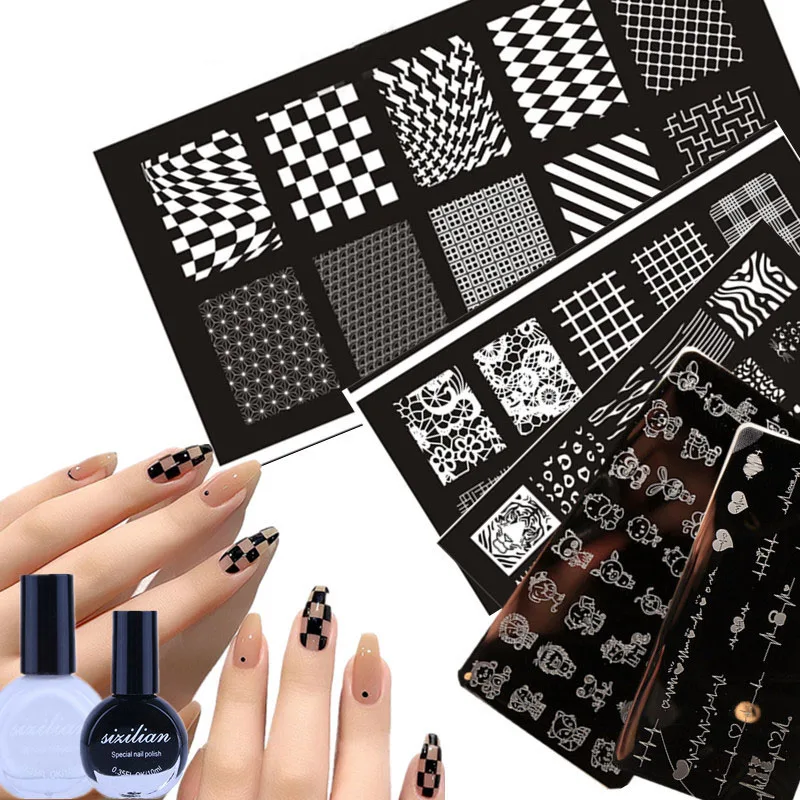 1Pcs Nail Stamping Plates for Stamped Nail Template Chessboard Plaid LaceImage Painting Nail Art Stencils Template Mold Kit Tool