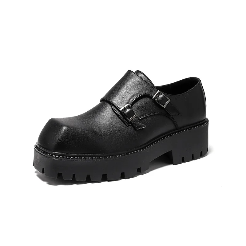 men fashion platform shoes slip-on monk shoe punk rock dress black trendy original leather loafers square toe sneakers footwear