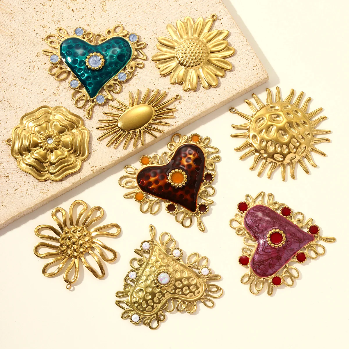 3pcs/Lot Large Stainless Steel Sun Sunflower DIY Earring Charms Daisy Flower Necklace Pendants Woman Heart Jewelry Wholesale