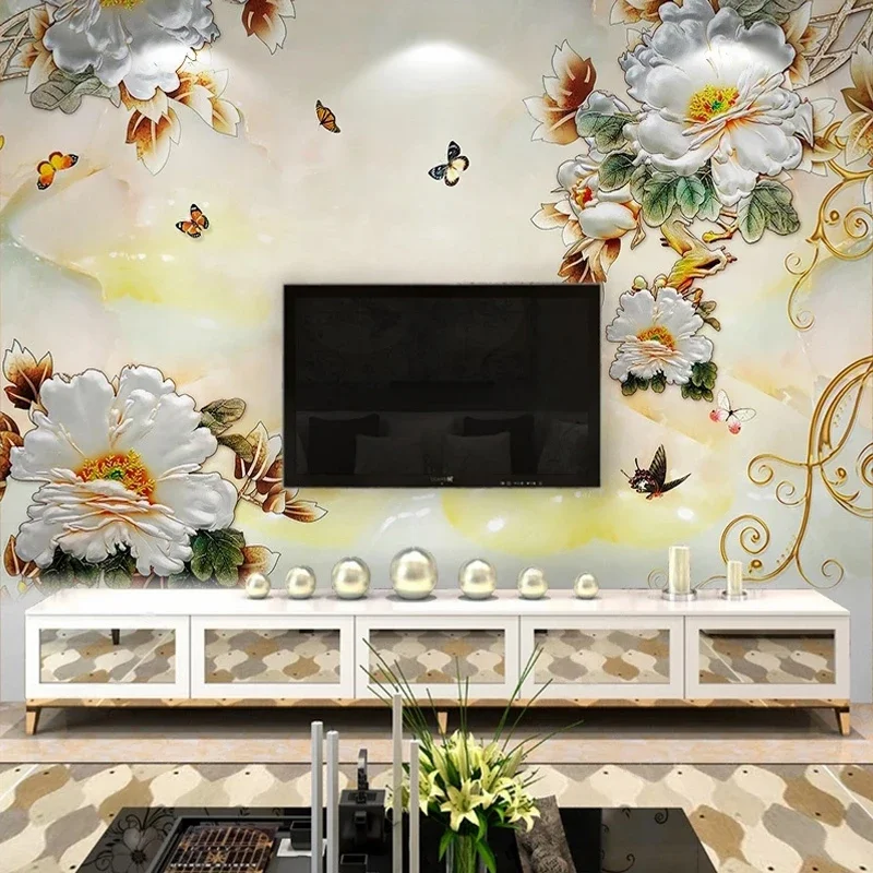 

Custom 3D Photo Mural Chinese Peony Flowers Carving Wallpaper for Bedroom Living Room TV Background Wall Painting Canvas