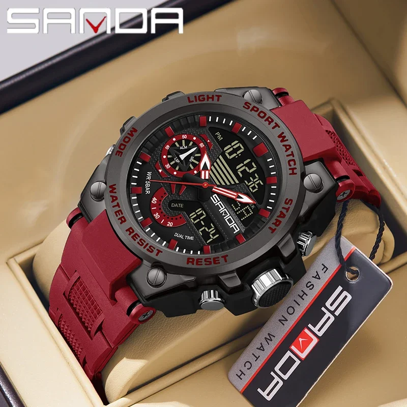 

SANDA модные мужские электронные часы с двойным дисплеем, военные спортивные часы на открытом воздухе, секундомер, будильник, светодиодные аналоговые цифровые мужские часы
