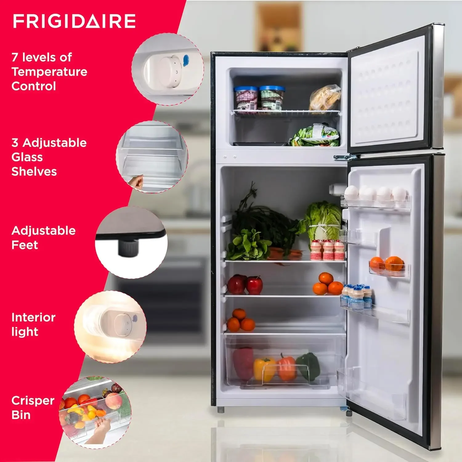 

Frigidaire EFR751, 2 Door Apartment Size Refrigerator with Freezer Combo,7.5 cu ft, Platinum Series, 21.5" D x 22.4" W x 55.5" H