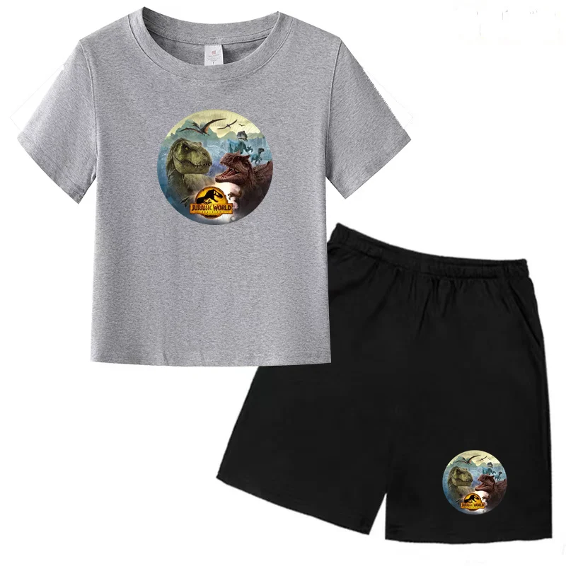 New Jurassic Park Dinosaur Print T-Shirt Summer Kids Cartoon Fashion Trend Style Short Sleeve Top + Shorts 2P Toddler Sports Set