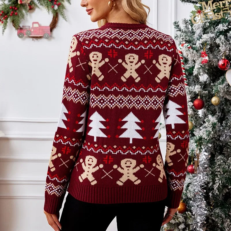 Gingerbread Man Knitted Christmas Sweater Wine Red Casual Long Sleeve Christmas Tree Striped Warm Autumn/Winter Sweater 2024 Nowość