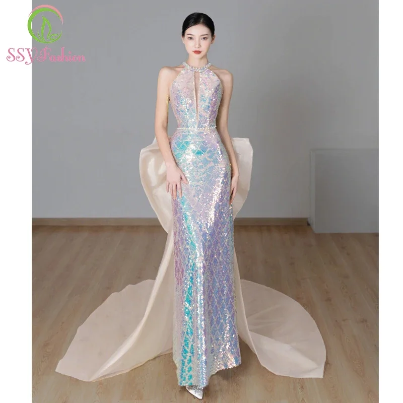 

SSYFashion Luxury Sequins Mermaid Evening Dress Sexy Halter Sparkling Beading with Detachable Tail Party Formal Gowns for Women