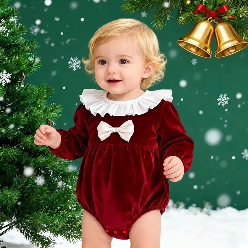 

Christmas Newborn Baby Girls Red Romper 0-3Yrs Snug Round neck Baby Jumpsuits Autumn Bow Rompers Kids Onepiece Baby Clothing