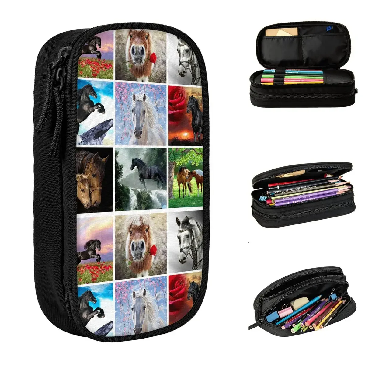 

Horse Collage Pencil Cases Galloping Animal Horses Lovers Pen Box Pencil Bags Girls Boys Big Capacity Office Zipper Pencil Pouch