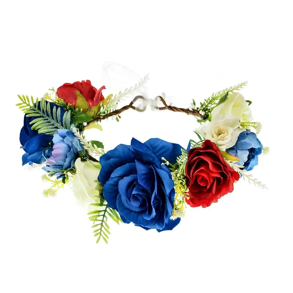 

Женская повязка на голову с цветами в богемном стиле, цветочная корона с розами, головной убор для фестивалей и свадеб (красный, белый, синий)