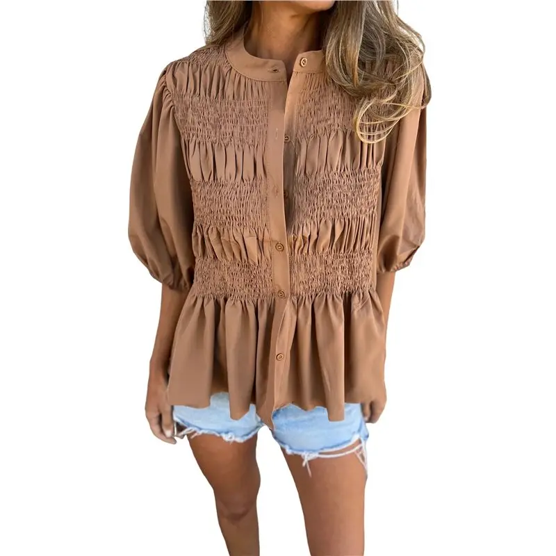 

CYL-Womens Solid Color Button Down Shirt Round Neck Smocked Short Sleeve Blouse Casual Summer Tops