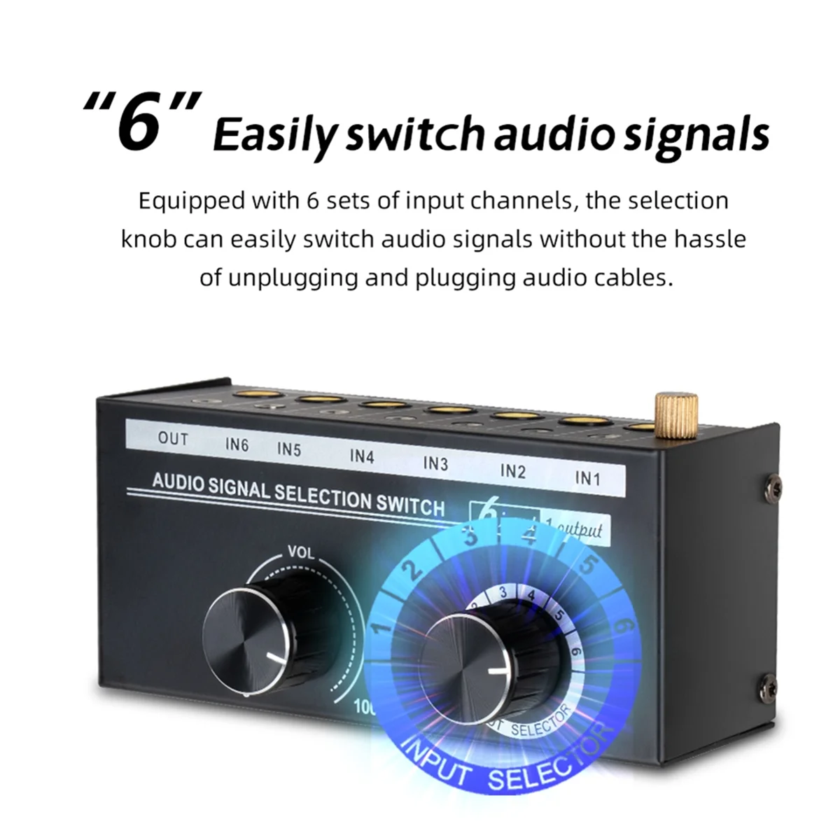 A43MM Audio Switcher -6-Way 3.5/6.35mm Stereo Audio Switch - Signal Source Switcher Selector Splitter Box with Line Controller