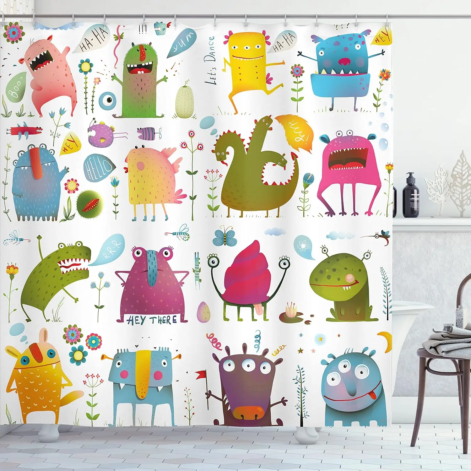 

Cute Cartoon Monsters Shower Curtain Kids Bathroom Decor Colorful Fun Design Playful Art Bath Accessories Waterproof Fabric