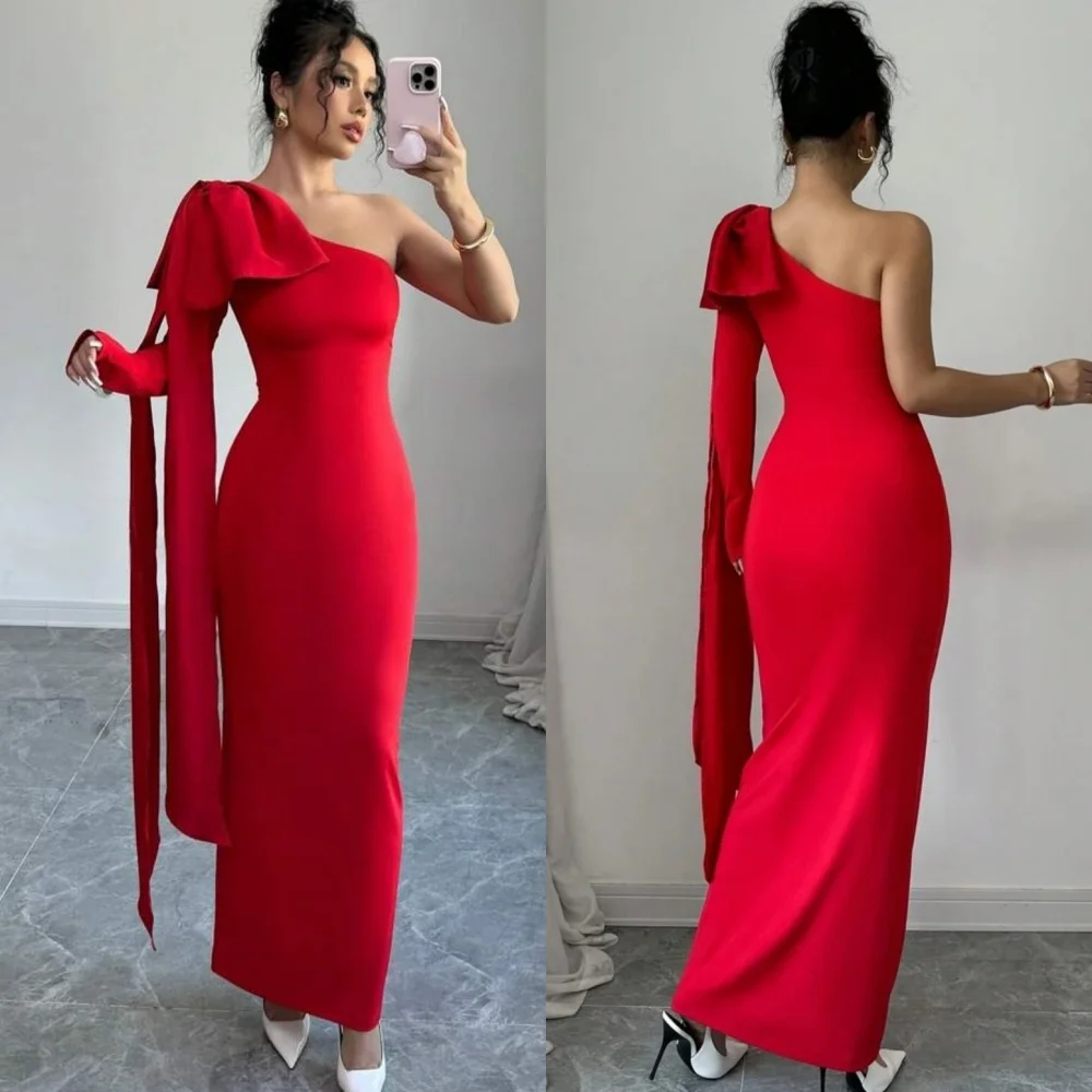 Customized Exquisite Big Bow Ribbons Evening Dress Graceful Sheath Party Dress Fashion One Shoulder Long Sleeves Celebrity Gowns