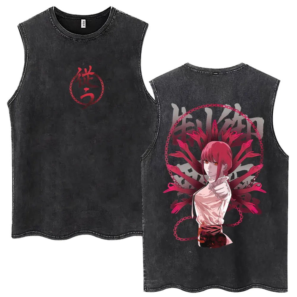 Vintage Washed Anime Chainsaw Man Makima Tank Tops Men Women Fashion Harajuku Vests Cotton Oversized Sleeveless Tees Streetwear