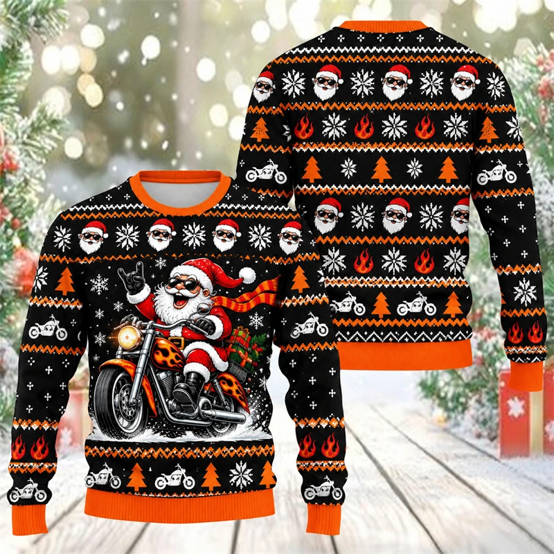 2026 New Fun Santa Claus Mens Christmas Sweater 3D Printed Funny Ugly Xmas Santa Biker Pullover Xmas Party Streetwear Winter Top