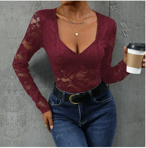 2026 موضة جديدة ملابس نسائية غير رسمية ساحة طوق الدانتيل المرقعة بذلة Temu شعبية مثير طويلة الأكمام قطعة واحدة الملابس #5