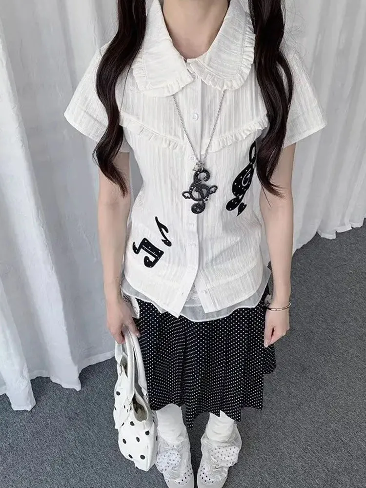 

Preppy Style White Musical Note Embroidery Shirt Women Sweet Ruffle Slim Sheer Tops Summer Short Sleeve Vintage Blouse