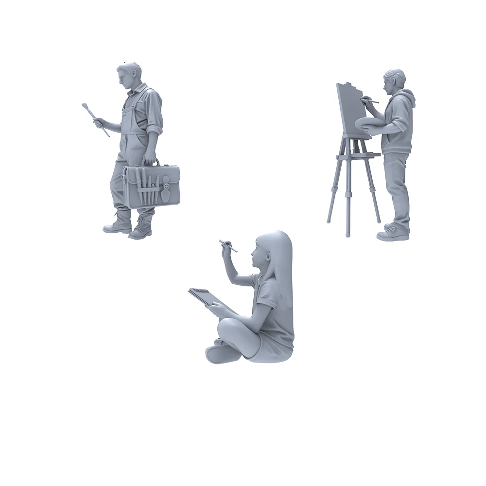 

Набор из 3-х неокрашенных мини-фигурок художников (1/64, 1/72) - модели из смолы для студийных диорам, хобби и DIY-проектов по созданию террейна