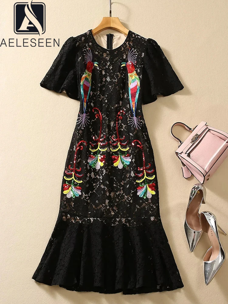 

AELESEEN Women Trumpet Dress Designer Fashion Summer Short Sleeve Sequined Flower Embroidery Lace Slim ELegant Midi Party