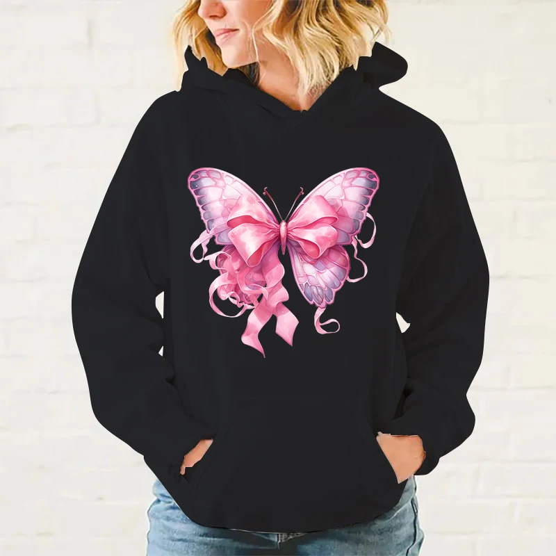 

Breast Cancer Awareness Butterfly Printed Hoodie For Women Fashion Autumn And Winter Pullover Unisex Creative Personalized Tops