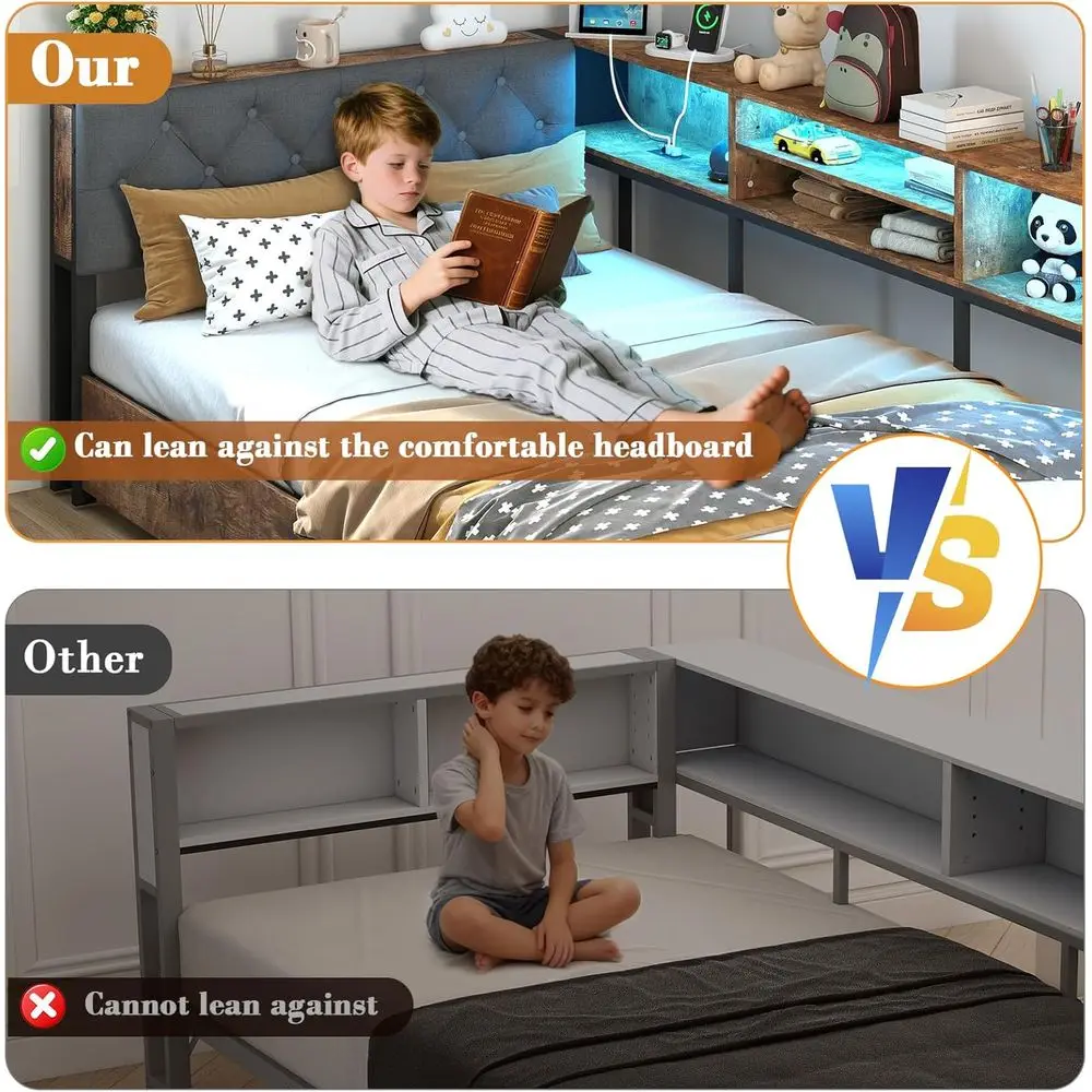 収納付きツインコーナーベッド、本棚、LEDライト、収納引き出し付きデイベッド、ヘッドボードと充電ステーション付き布張りベッド