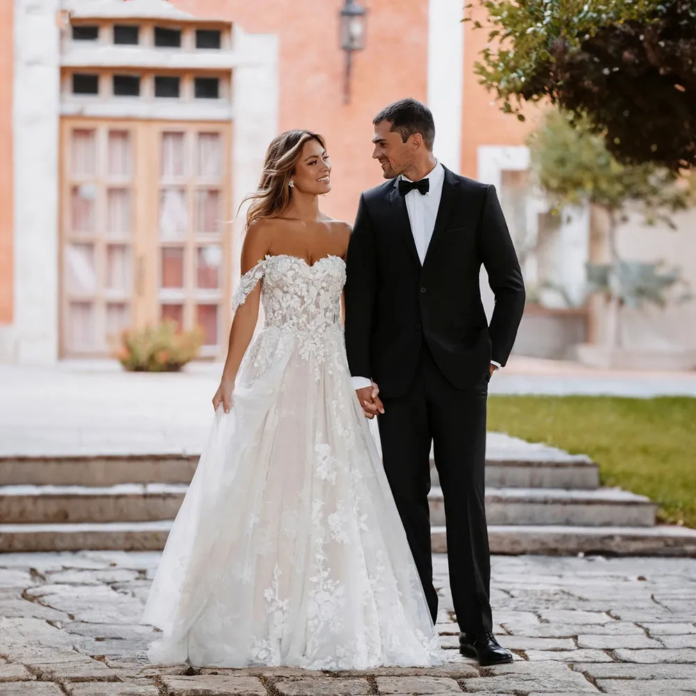 On Zhu Vestidos De Novia De encaje De lujo para mujer, línea A, escote Corazón, espalda abierta, apliques De tul, tren De corte