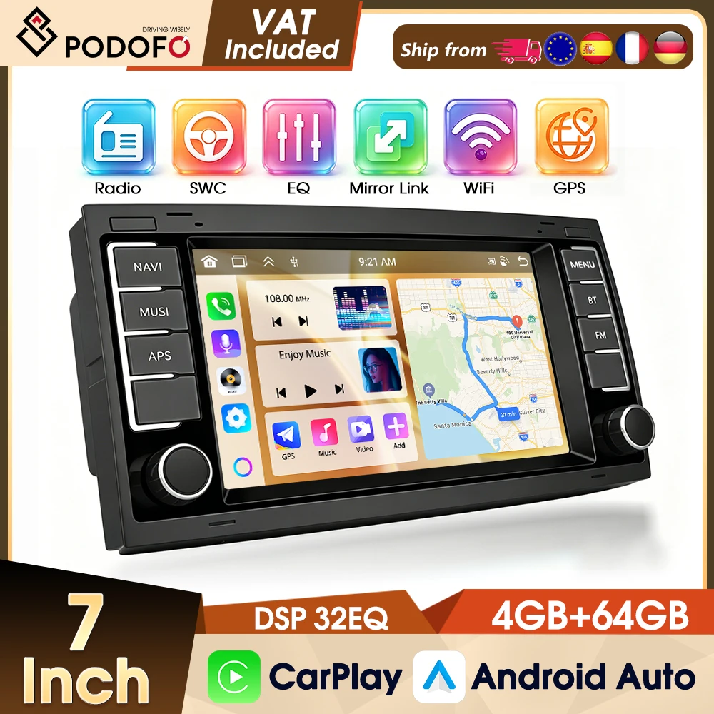 Autoradio Podofo 7" 4+64G con CarPlay Wireless per Volkswagen Touareg 2004-2011/ Transporter Ts Multivan 2004-2009, Lettore Multimediale per Auto con WIFI e GPS