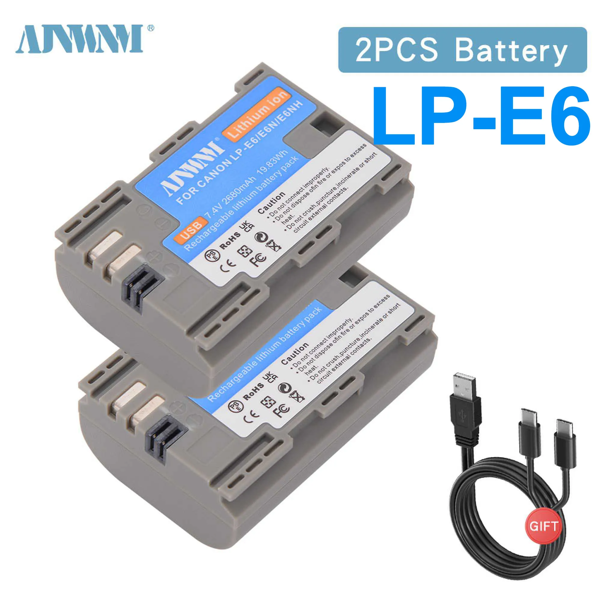 2680mAh LP-E6D Replace LP-E6N LP-E6 Battery with Type-C Input For Canon EOS R R5 R6 60D 70D 80D 90D 5D IV 5DS R 7D Mark Camera