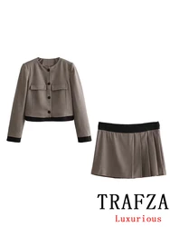 TRAFZA Casual Vintage Suit donna Plaid O Neck monopetto Blazer Zipper pantaloncini dritti moda 2024 autunno inverno set