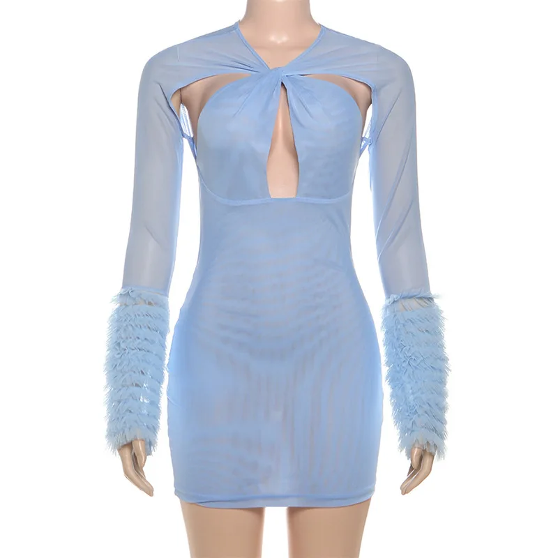 O-Neck Hollow Twisted Women Prom Dress Net Plush Sleeves Party Gown Blue Black Sheath Slim Party Skirt Hot Girl Newest In Stock