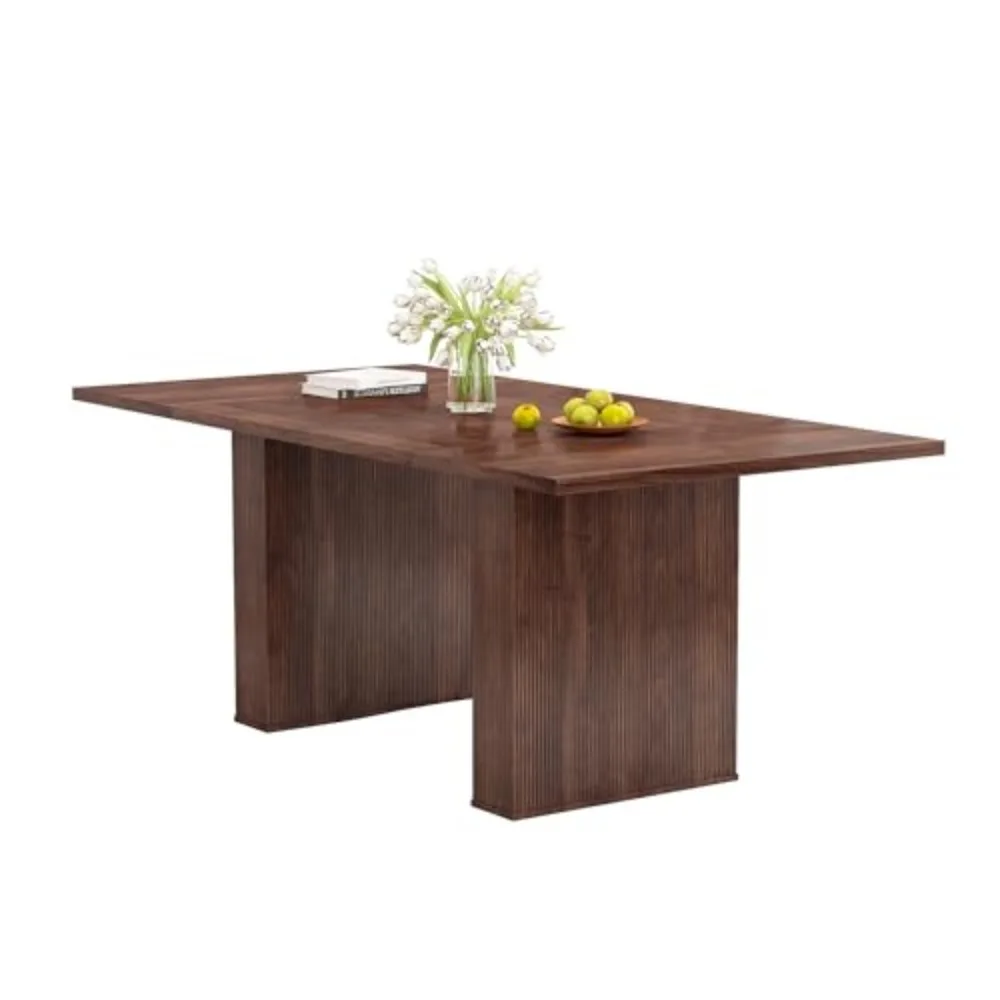 78 Inch Fluted Dining Table, Wood Kitchen Table for 6 to 10, Farmhouse Long Rectangle with Strip Base for Dining Room