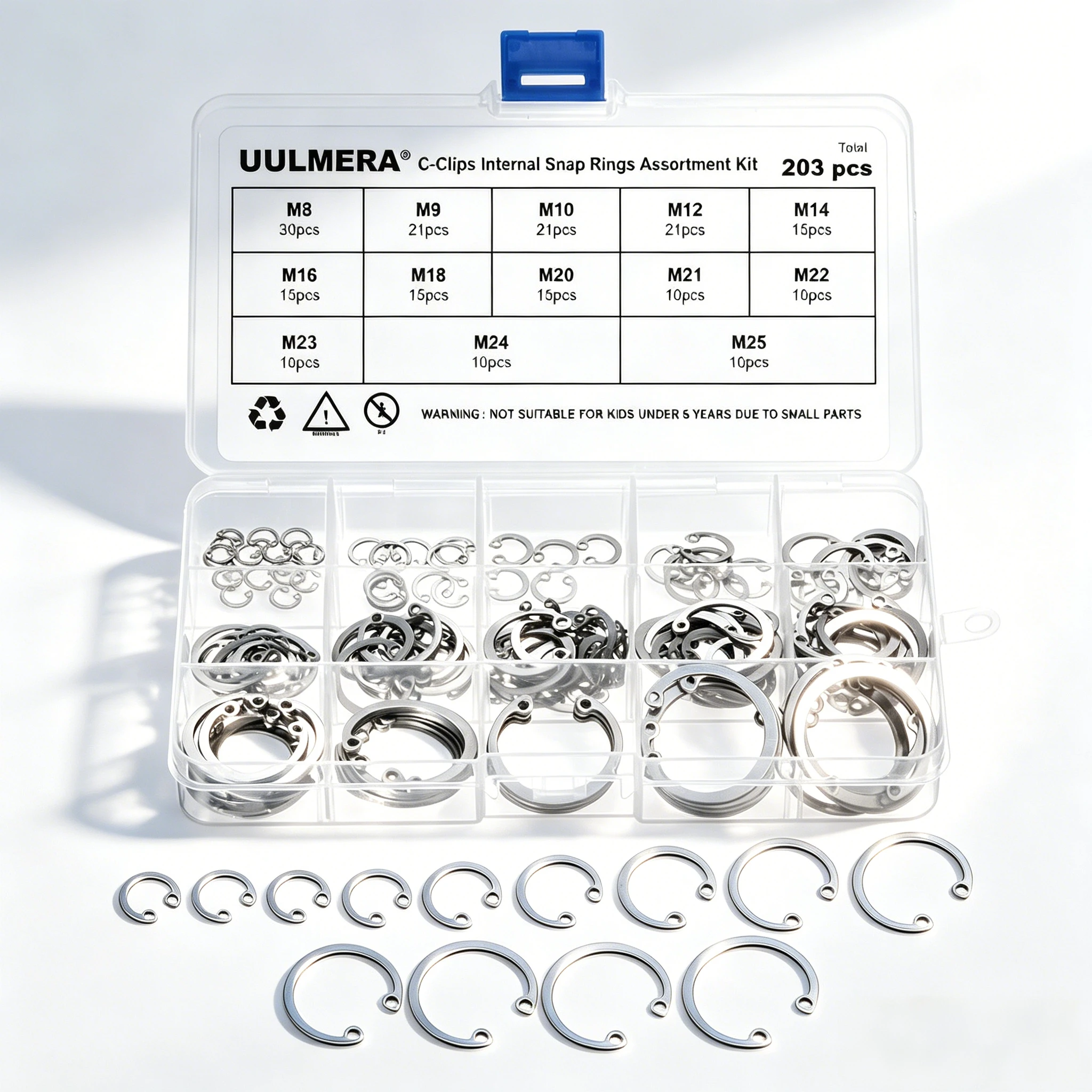141/203Pcs 304 Stainless Steel Internal Snap Ring Circlip Kit  8-25mm Metric C-Clip Set for Shaft Groove Bearings Hardware