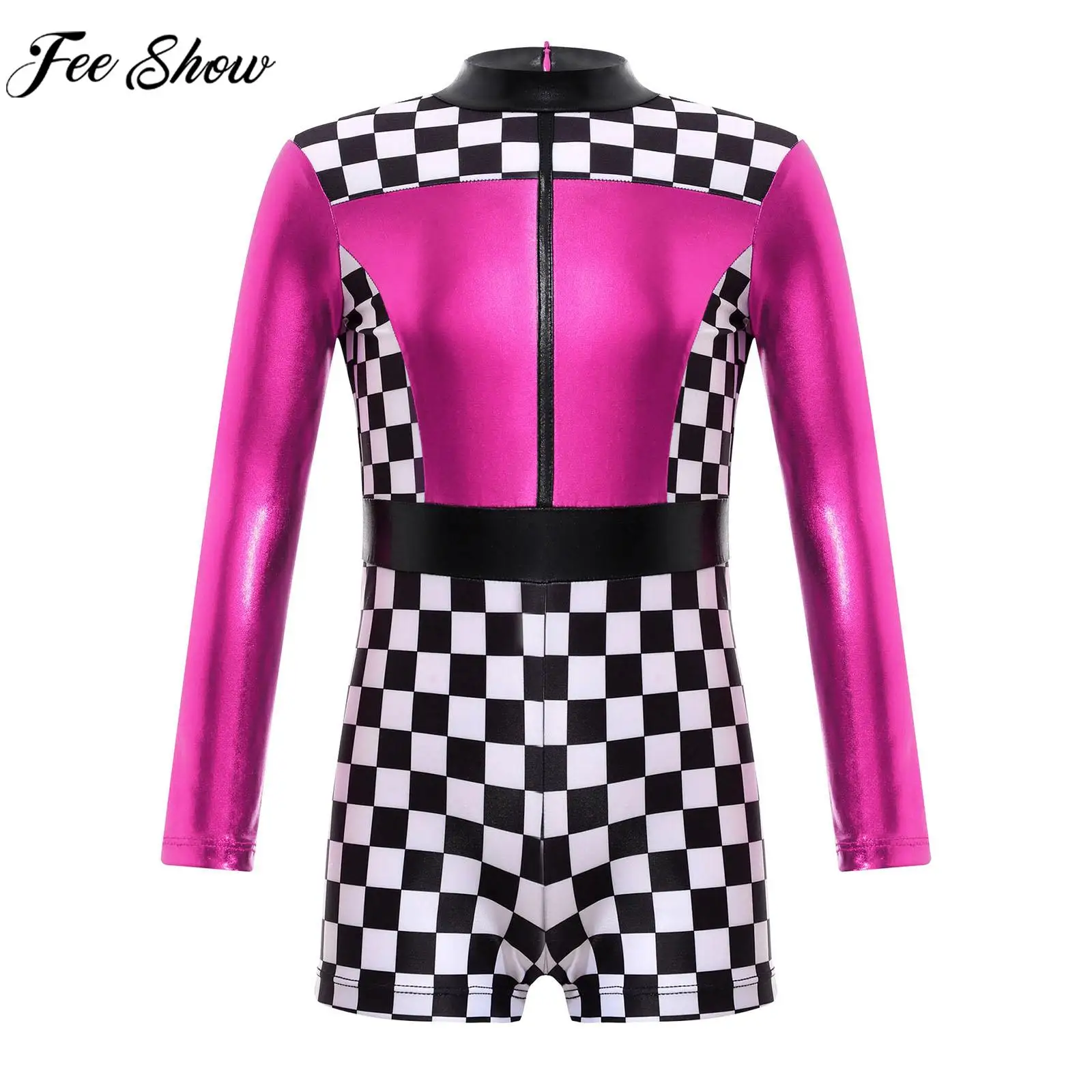 Girls Race Car Racer Jumpsuit Halloween Carnival Theme Party Cosplay Costume Long Sleeve Checkerboard Print Zipper Bodysuit