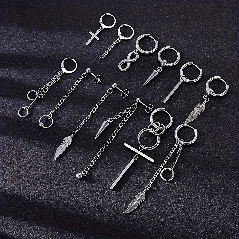 12pcs/set Black Or Silvery Unisex Cross Pendant Earrings Steel Earrings Set Black Earrings Set Pendant Chain Earring Hoop