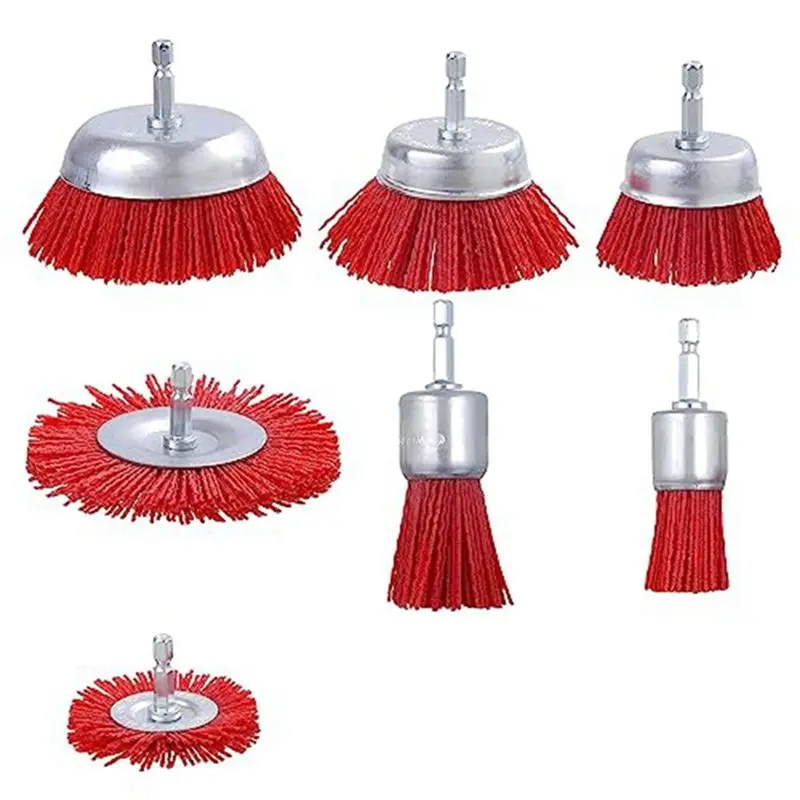 B03C-7 Pack Nylon Filament Abrasive Wire Brush With 1/4 Inch Hex Shank, Nylon Drill Brush Set