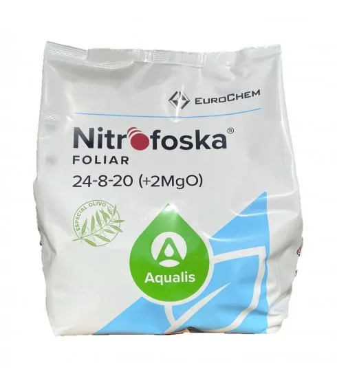 Leaf Nitrofoska Spring 24-08-20, 5 Kg container, formula specially designed to meet the nutritional needs of the olive tree, highly recommended for other crops such as citrus or fruit husk