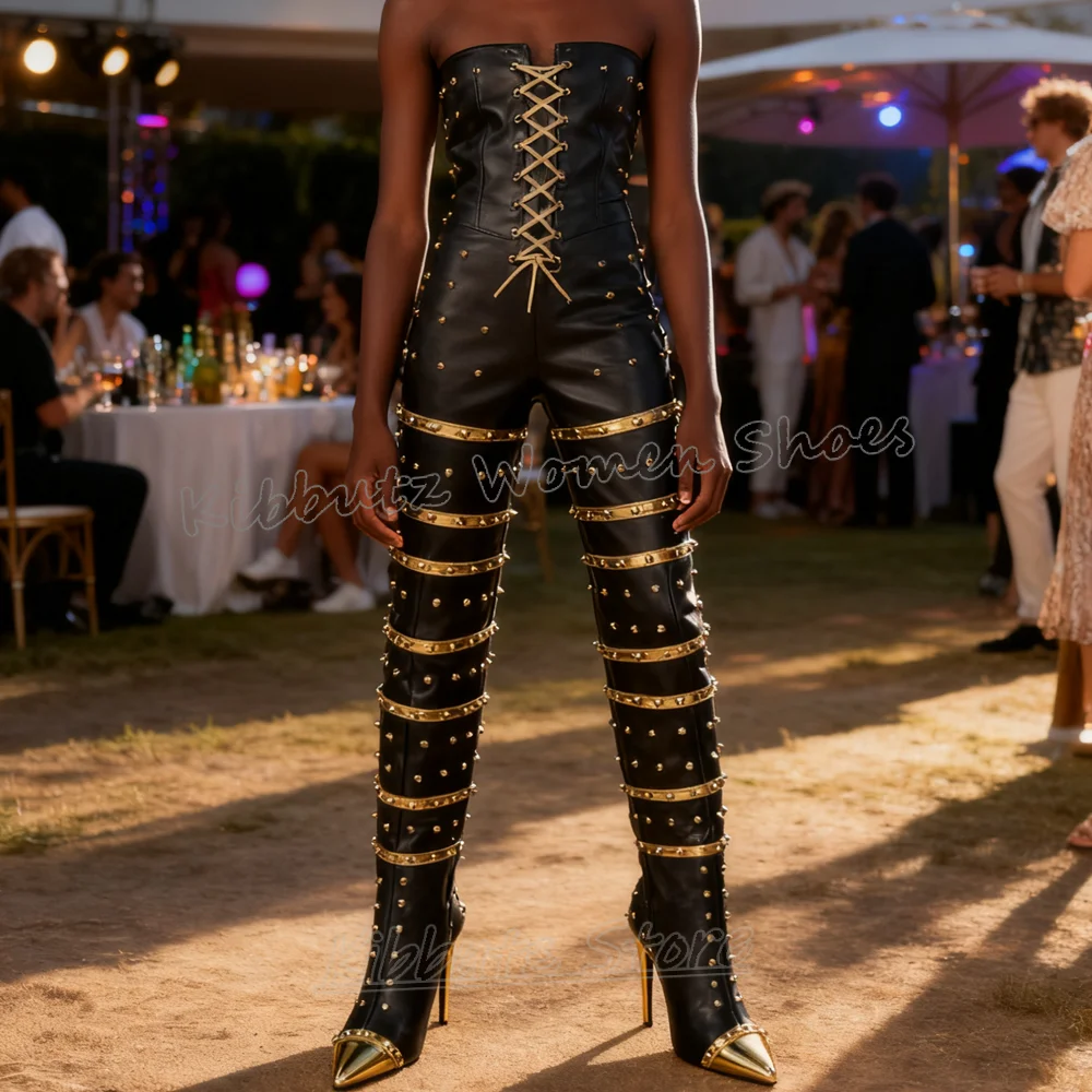 

Сапоги до колена с каймой и заклепками, металлический декор, готический панк-рок, модные роскошные элегантные лаконичные боковые молнии, кожаный острый тонкий каблук