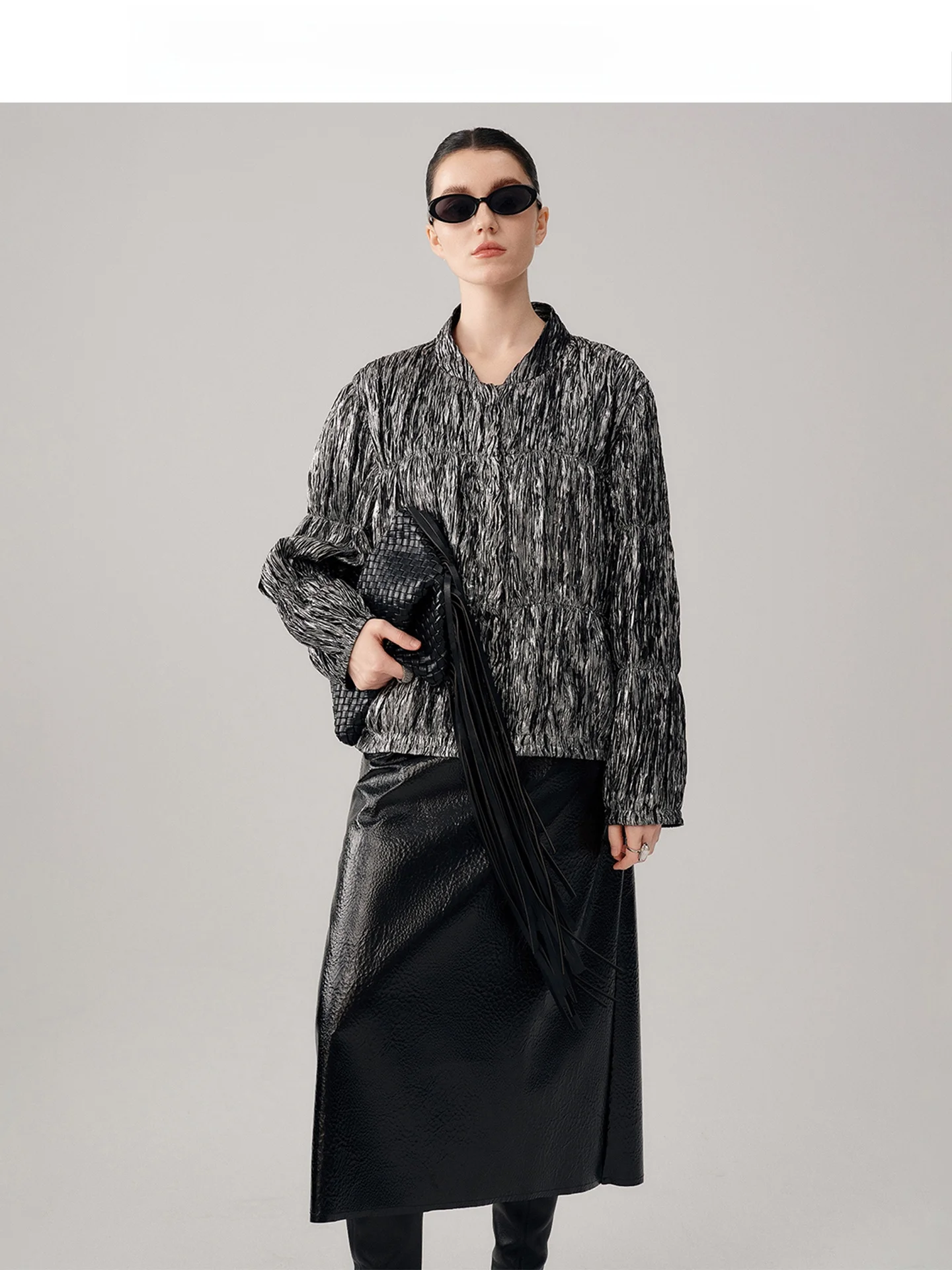 

Audrey Wang Silver Pred Faux Leather Flight Jaet Women's Faion Casual Outerwear Autumn 2025 Original Design Loose Fit