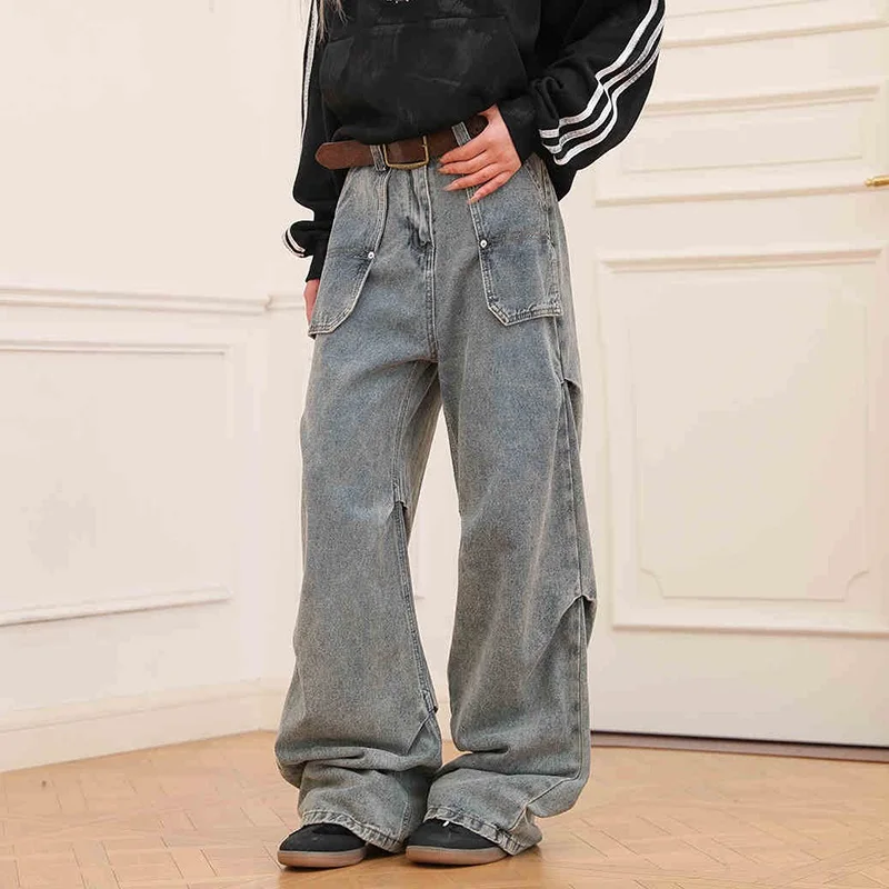 

American Retro High Street Workwear Pocket Advanced Sense Floor-Length Straight Jeans Street Loose Wrinkle Wide Leg Pants